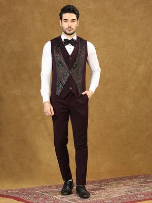 Wine velvet suit with ethnic motif jacquard 5