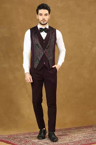 Wine velvet suit with ethnic motif jacquard