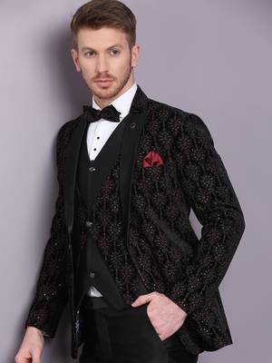 Black velvet ethnic motif embroidered suit 1