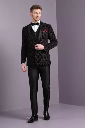 Black velvet ethnic motif embroidered suit