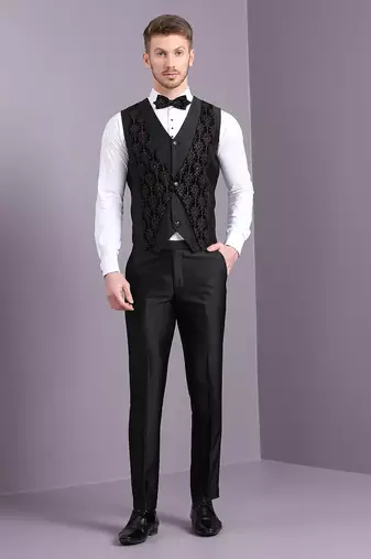 Black velvet ethnic motif embroidered suit