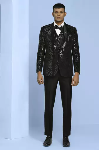 Black velvet suit with floral sequins work