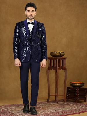 Blue velvet suit with floral sequins work 1