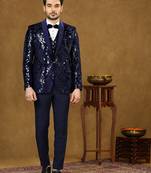 Blue velvet suit with floral sequins work