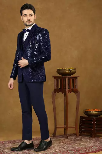 Blue velvet suit with floral sequins work
