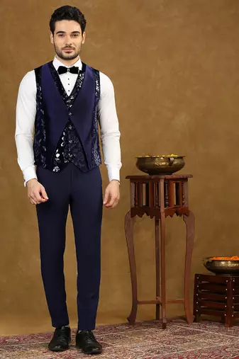 Blue velvet suit with floral sequins work