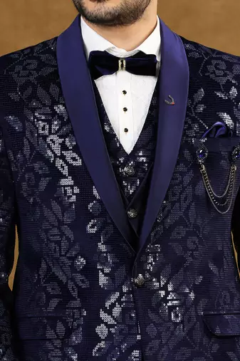 Blue velvet suit with floral sequins work