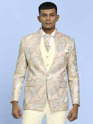 Cream high neck suit with golden thread weave ethnic motif jacquard 1