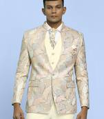 Cream high neck suit with golden thread weave ethnic motif jacquard