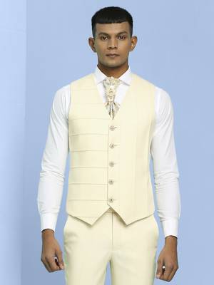 Cream high neck suit with golden thread weave ethnic motif jacquard 2