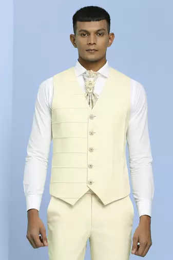 Cream high neck suit with golden thread weave ethnic motif jacquard