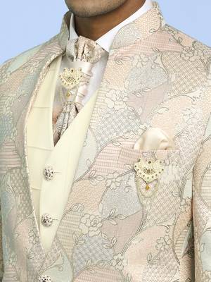 Cream high neck suit with golden thread weave ethnic motif jacquard 3