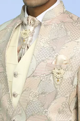 Cream high neck suit with golden thread weave ethnic motif jacquard