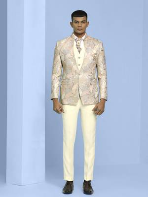 Cream high neck suit with golden thread weave ethnic motif jacquard 4
