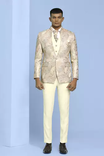 Cream high neck suit with golden thread weave ethnic motif jacquard