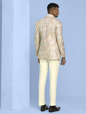 Cream high neck suit with golden thread weave ethnic motif jacquard 5