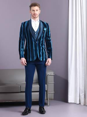 Electric blue stripe pattern velvet suit 1
