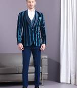 Electric blue stripe pattern velvet suit