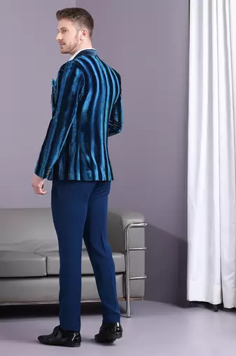Electric blue stripe pattern velvet suit