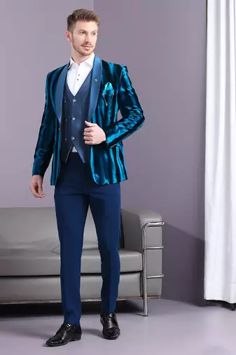 Electric blue stripe pattern velvet suit