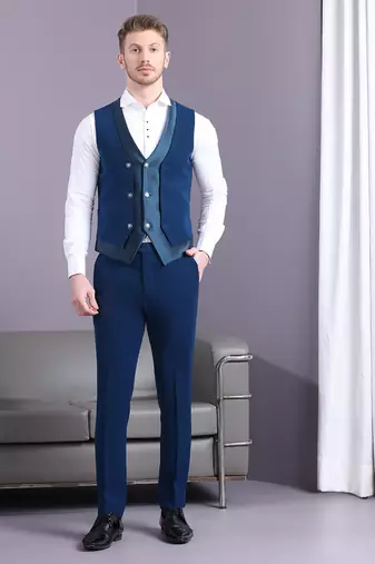 Electric blue stripe pattern velvet suit