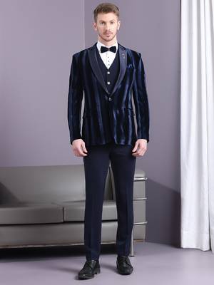 Navy blue stripe pattern velvet suit 1