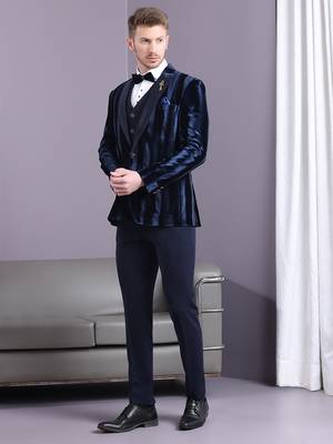 Navy blue stripe pattern velvet suit 2