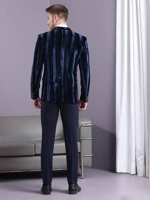 Navy blue stripe pattern velvet suit 3