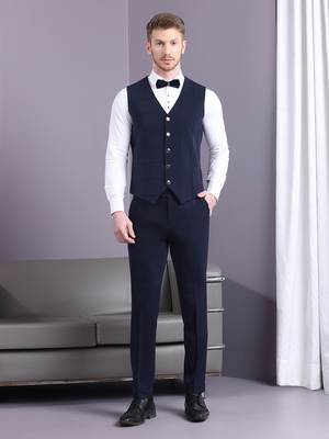 Navy blue stripe pattern velvet suit 4