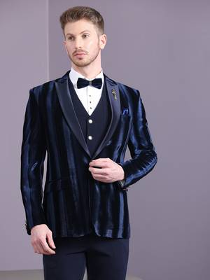 Navy blue stripe pattern velvet suit 5
