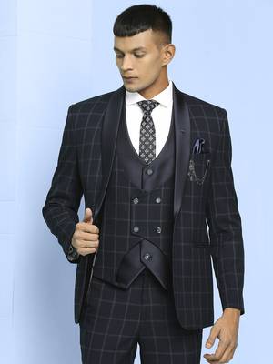 Dark blue suit with light blue checks 1