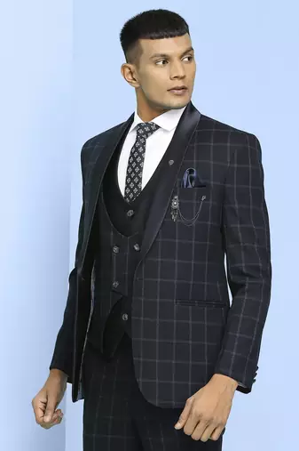 Dark blue suit with light blue checks