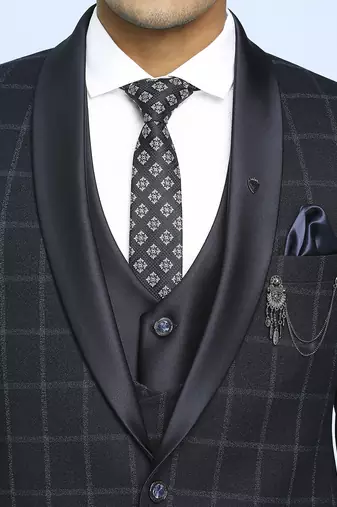 Dark blue suit with light blue checks