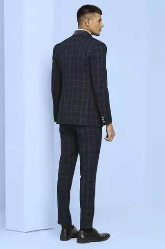 Dark blue suit with light blue checks