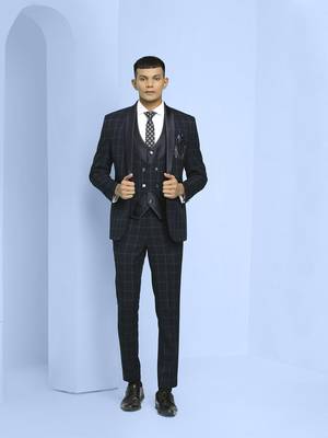 Dark blue suit with light blue checks 5