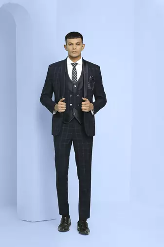 Dark blue suit with light blue checks