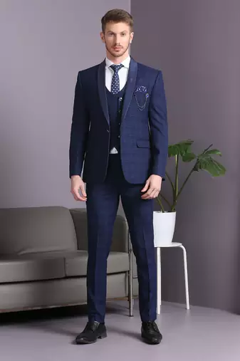 Navy blue suit with blue and green lining checks