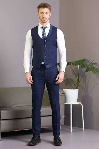 Navy blue suit with blue and green lining checks