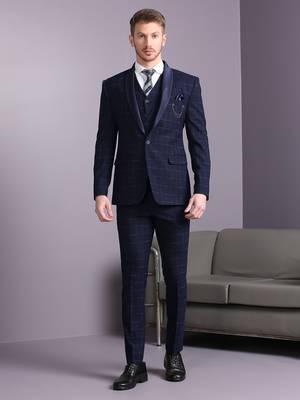 Navy blue suit with blue and cream lining checks 1