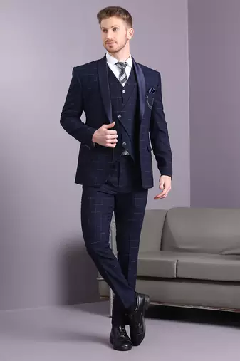 Navy blue suit with blue and cream lining checks