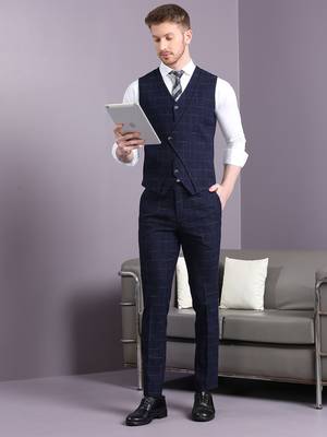 Navy blue suit with blue and cream lining checks 3