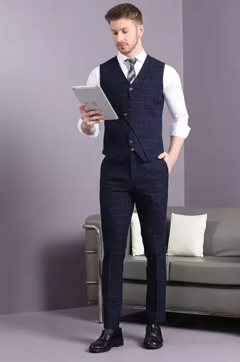 Navy blue suit with blue and cream lining checks