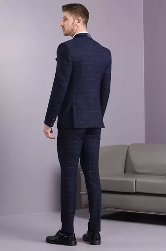 Navy blue suit with blue and cream lining checks
