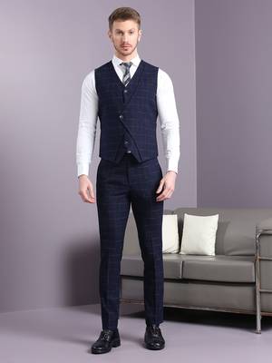 Navy blue suit with blue and cream lining checks 5