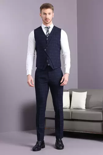 Navy blue suit with blue and cream lining checks