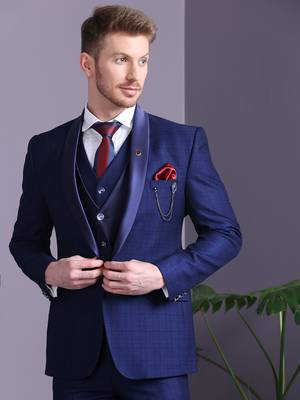 Navy blue checkered terry rayon suit 1