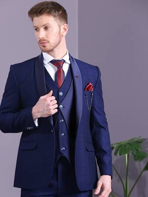 Navy blue checkered terry rayon suit 4