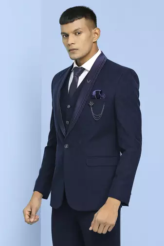 Dark blue self design jacquard suit