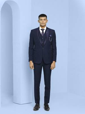 Dark blue self design jacquard suit 4