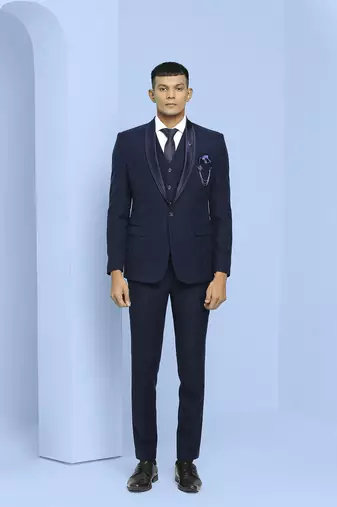 Dark blue self design jacquard suit
